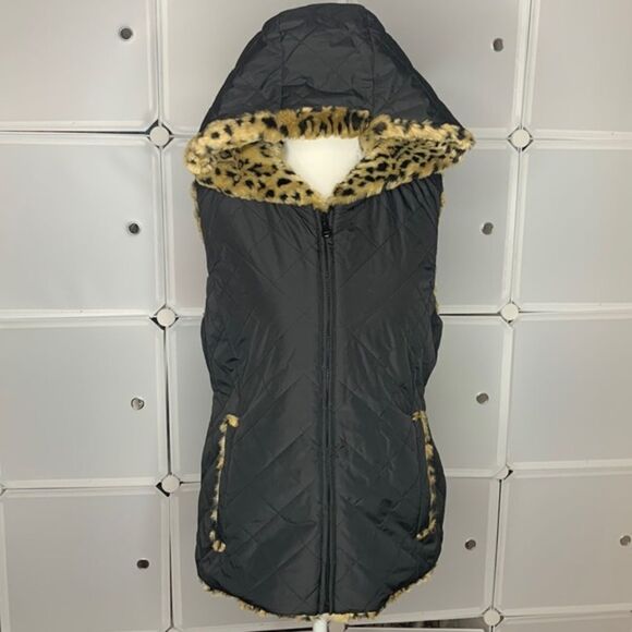Kristen Blake Black & Leopard Faux Fur Reversible Hooded Vest Size Small - Picture 1 of 12